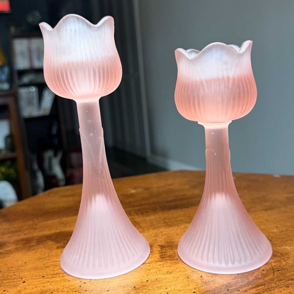 Vintage Pair of Pink Frosted Glass Flower Candle Holders Ribbed Indoor Decor